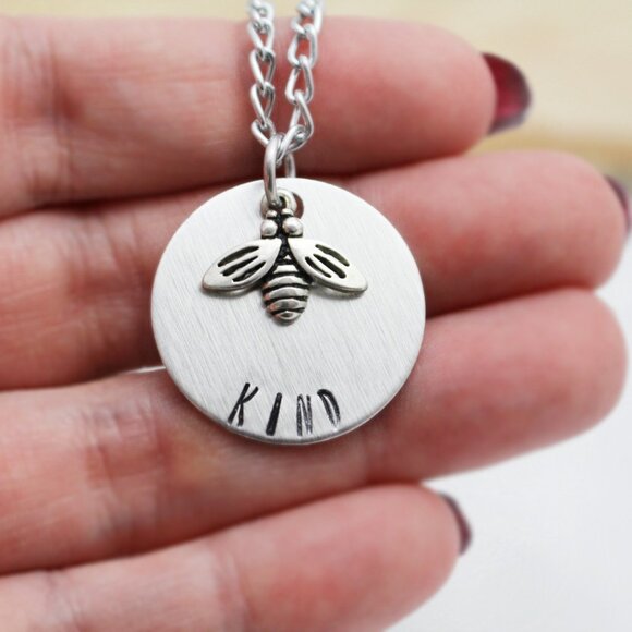 Bee Kind - Hand Stamped Bee Necklace - 18" Chain - Handmade & Hypoallergenic - Picture 5 of 6